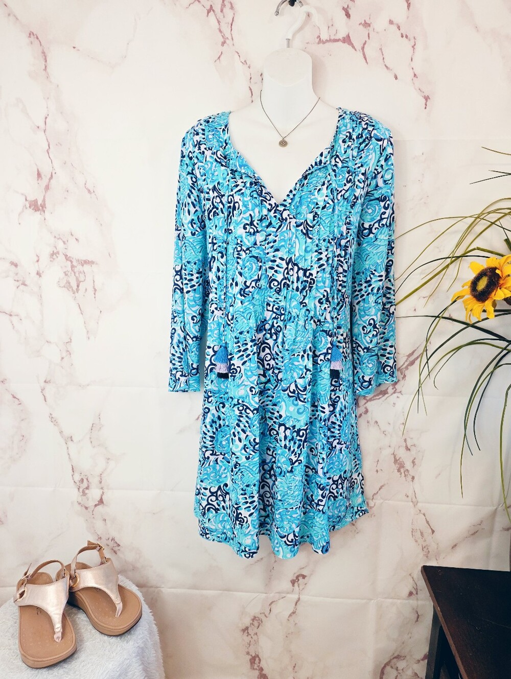 Lilly Pulitzer Marilina Tunic Dress Raising Shell Large Pintuck Tassel Blue - Picture 2 of 6
